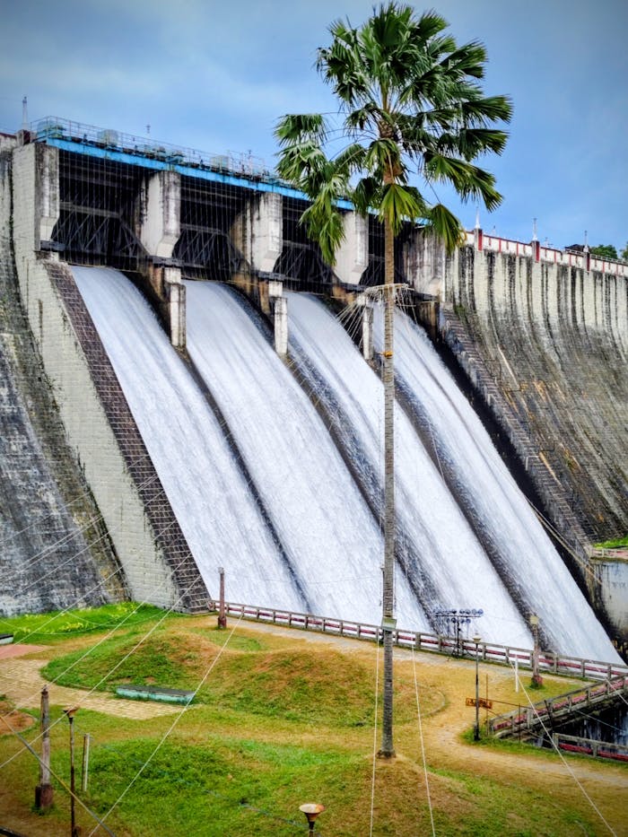 Stunning view of a dam releasing water in a powerful cascade with surrounding greenery.