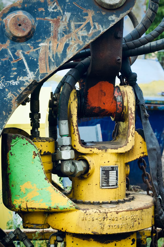 Detailed view of a colorful industrial machine with gears and pipes.